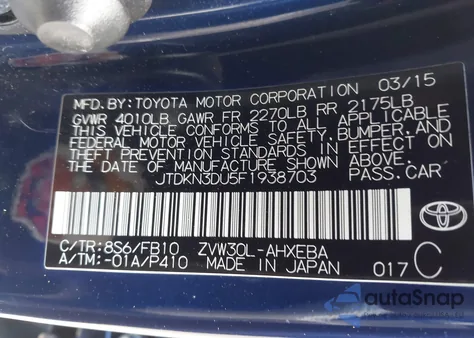 2015 Toyota Prius Two from USA, damaged, VIN JTDKN3DU5F1938703